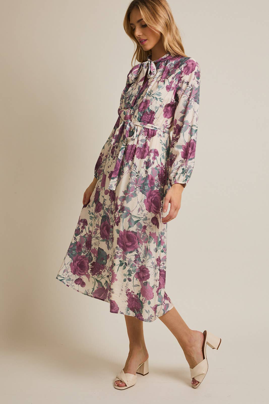 FRONT BOW TIE LONG SLEEVE FLORAL PRINT MIDI DRESS
