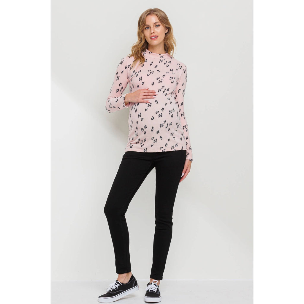 Animal Print Mock Neck Long Sleeve Maternity Top