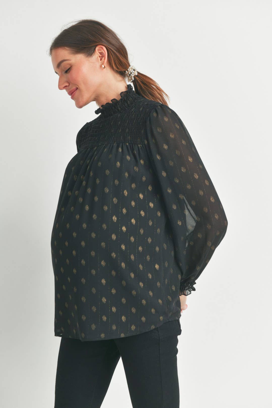 Smocked Mock Neck Polka Dot Maternity Top