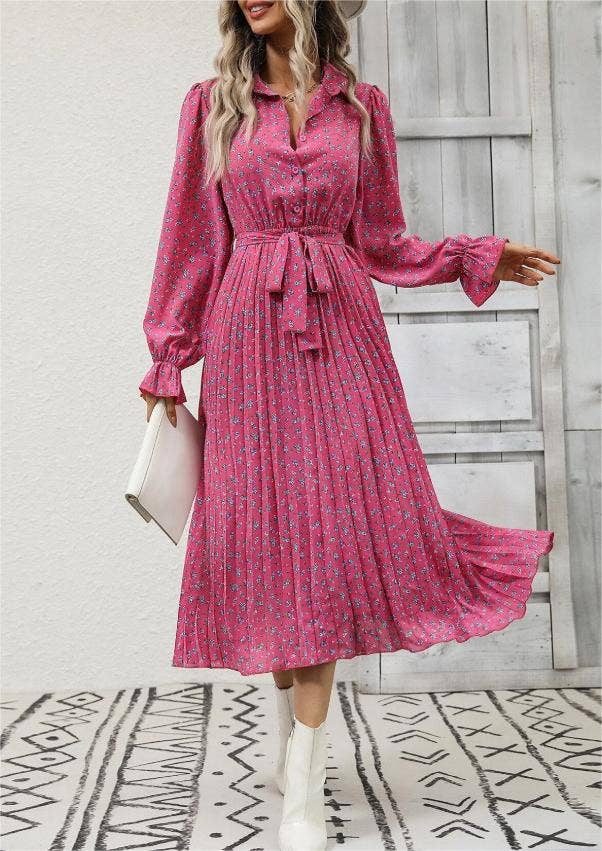 Fashionable pleated floral print long-sleeves dress