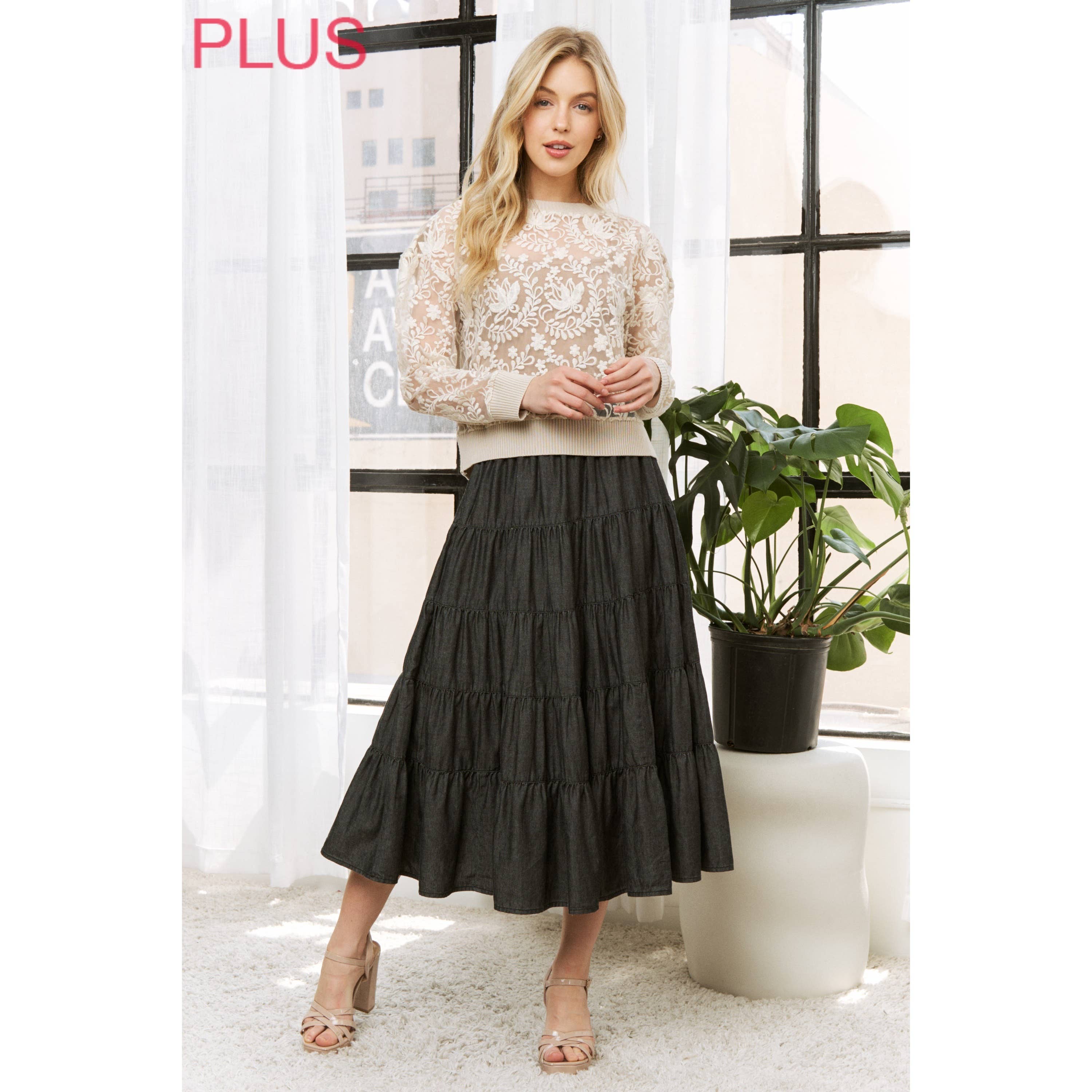 PLUS WASHED RELAXED FULL SWING MIDI SKIRT