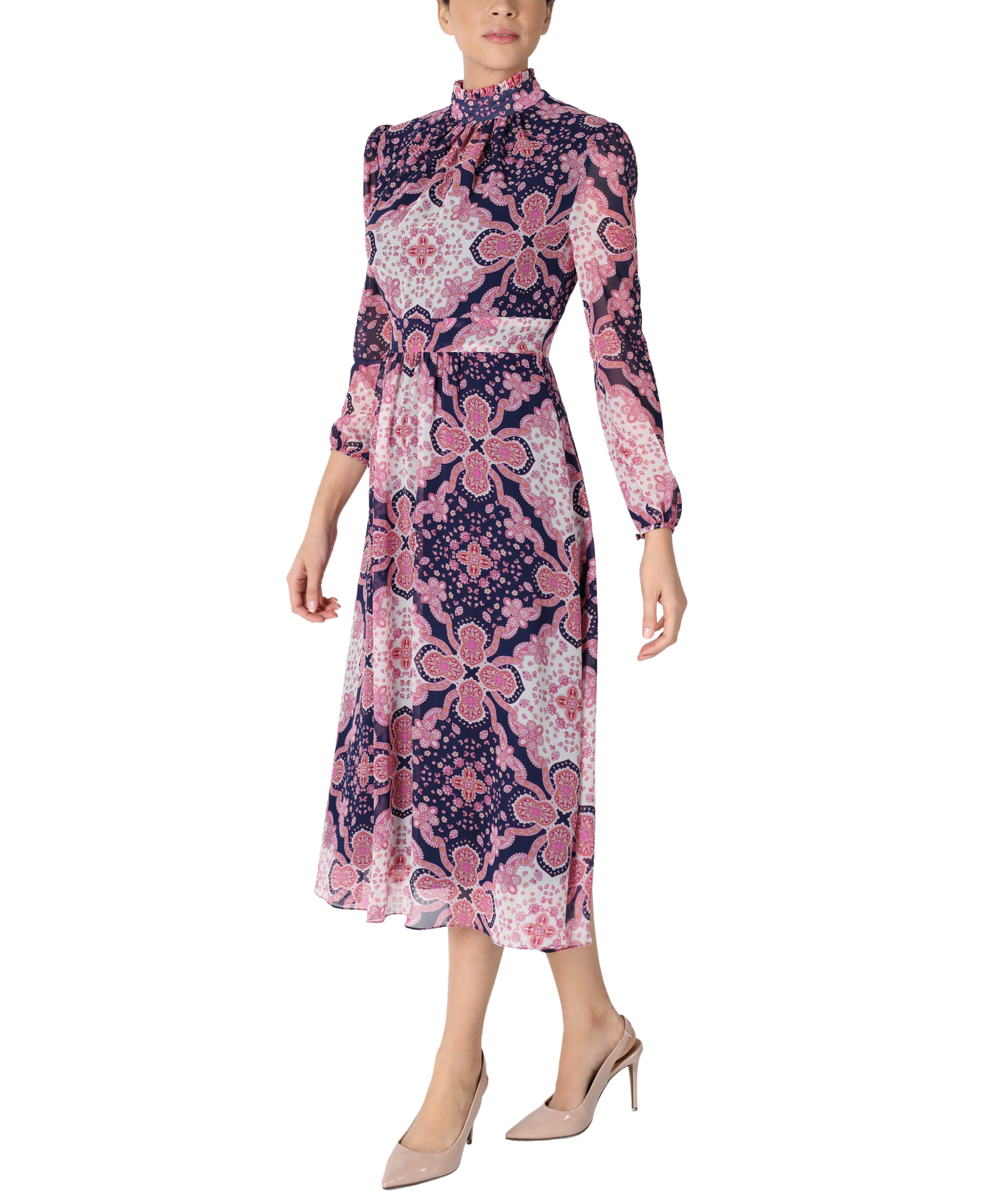 Mock Neck Long Sleeve Printed Chiffon Midi