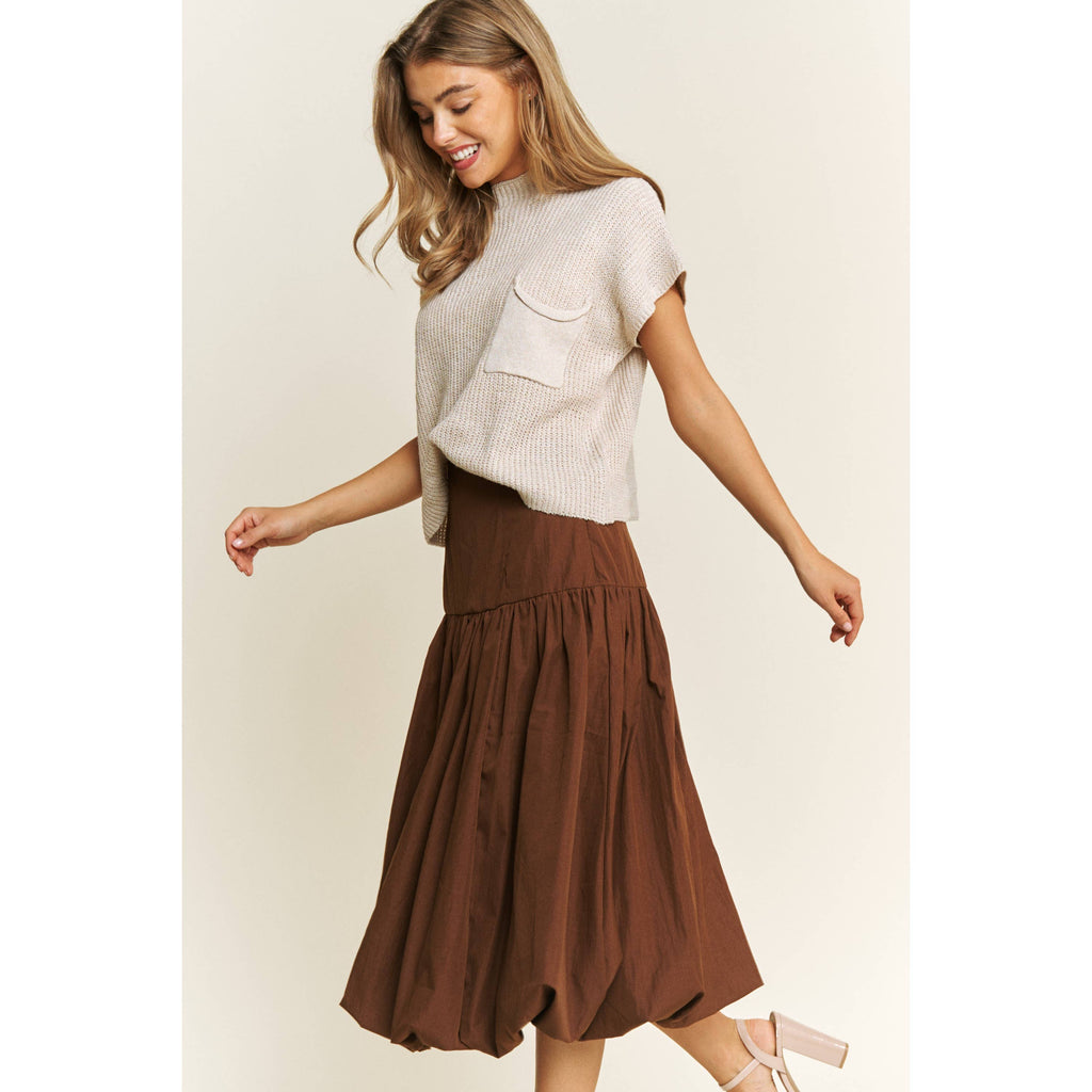 SOFT WOVEN SOLID BUBBLE BALLON MIDI SKIRT - Beige