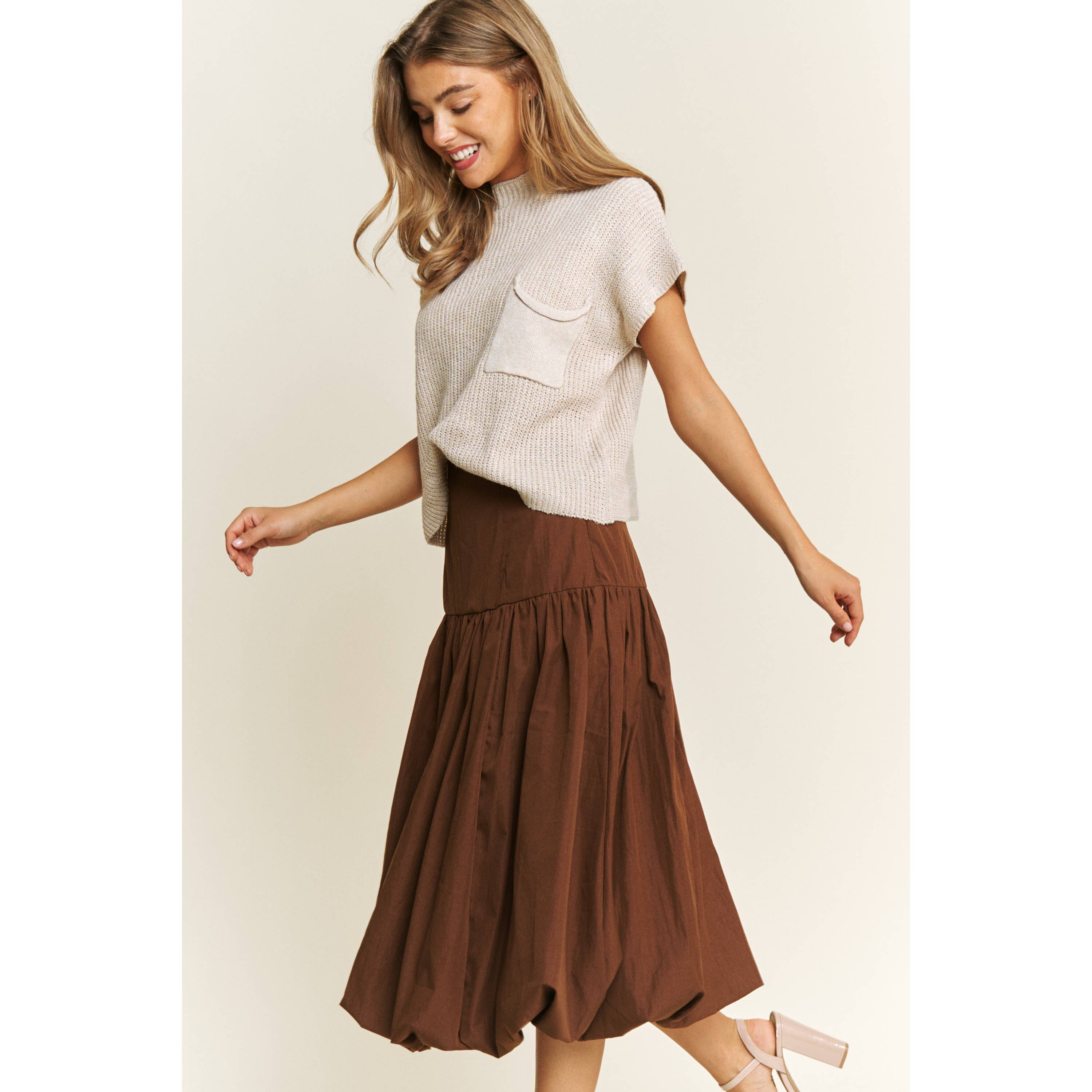 SOFT WOVEN SOLID BUBBLE BALLON MIDI SKIRT - Beige
