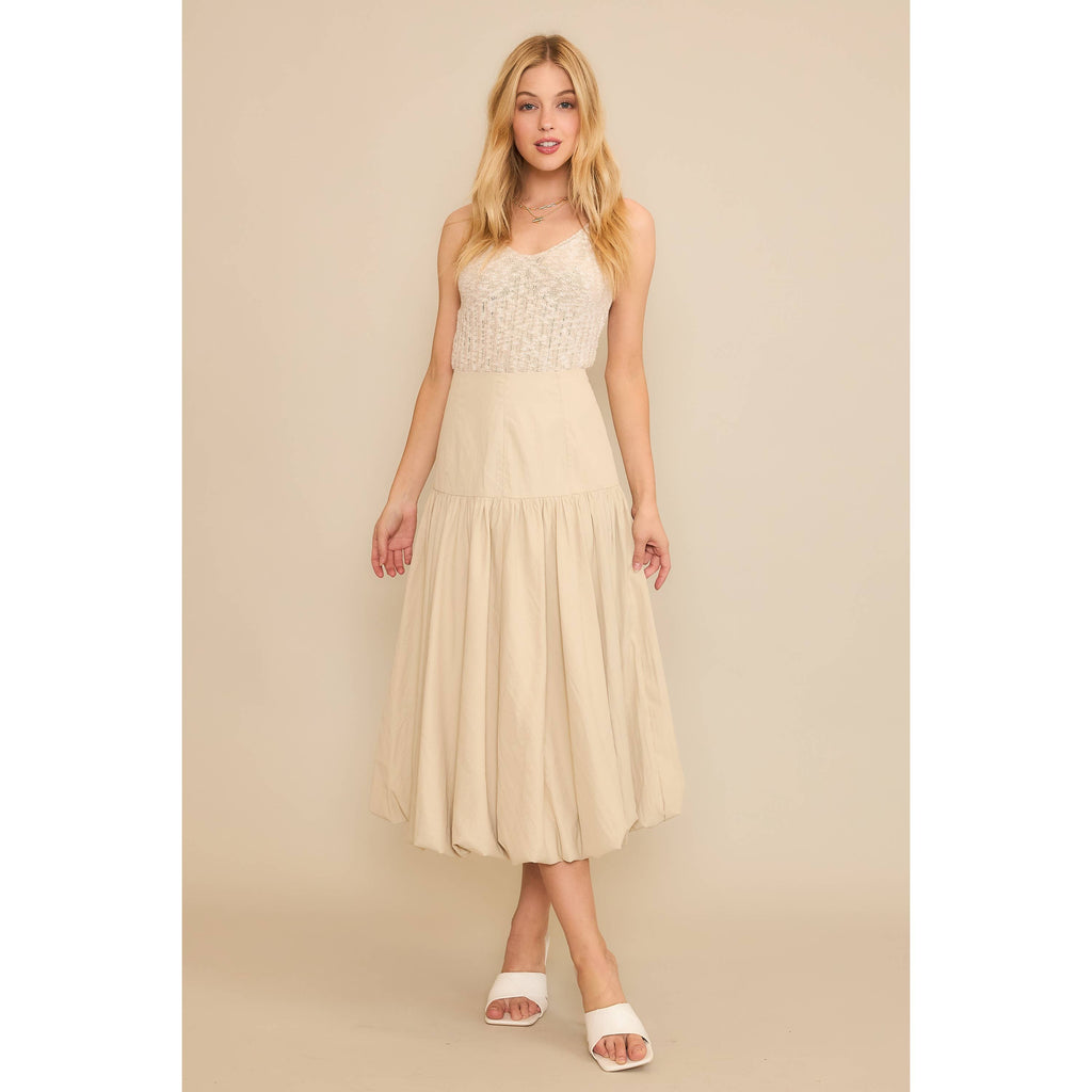 SOFT WOVEN SOLID BUBBLE BALLON MIDI SKIRT - Beige