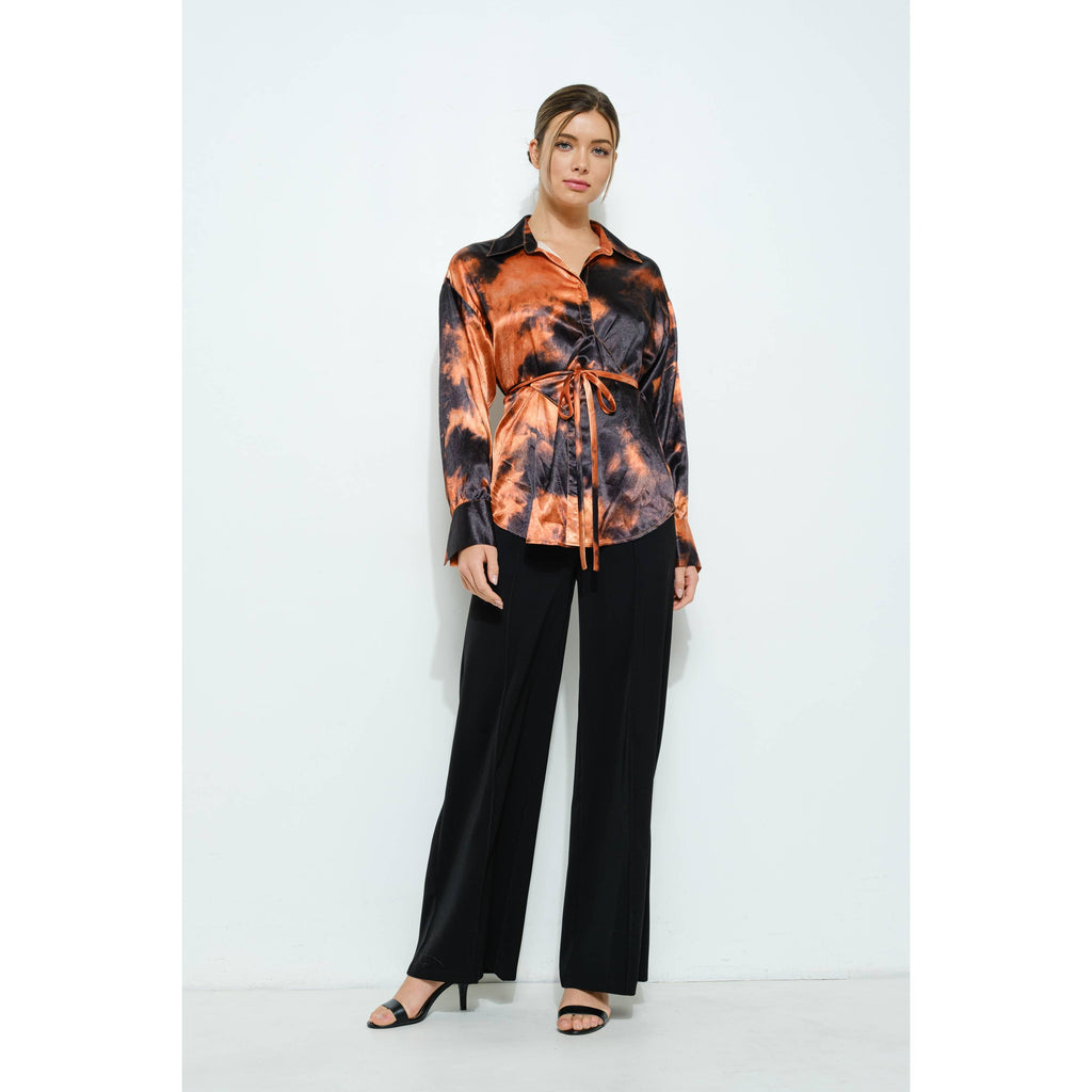 Long Sleeve Tie Dye Print Wrap Detail Blouse Top