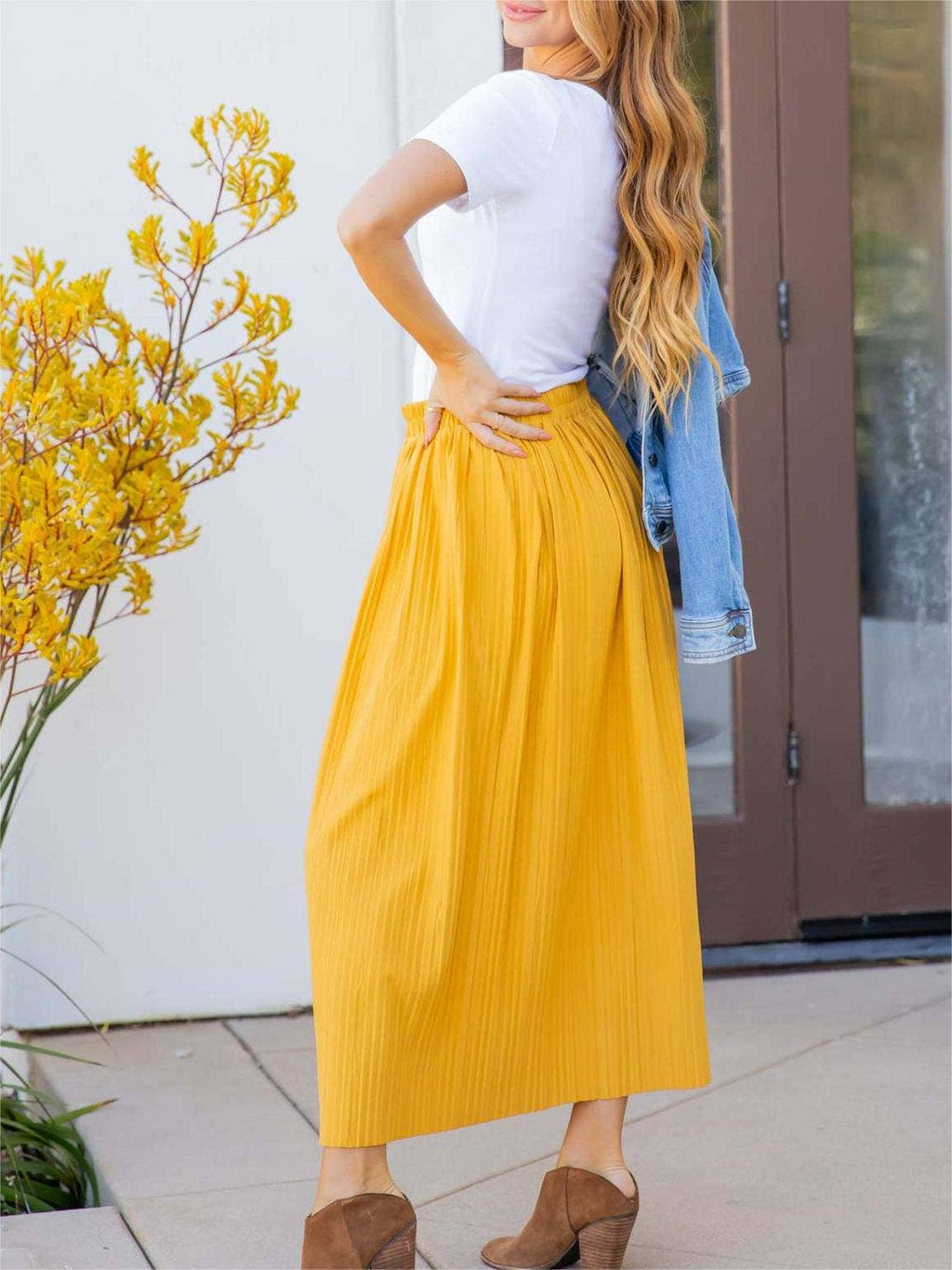 Women's high-waisted solid pleated simple midi A-line skirt