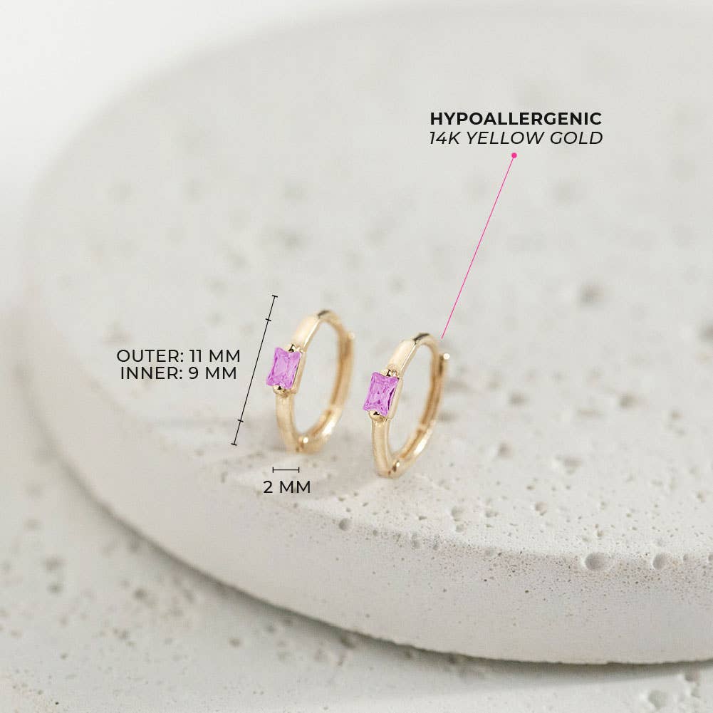 14k Gold Baguette Cut CZ Huggie 9mm Toddler / Kids Earrings