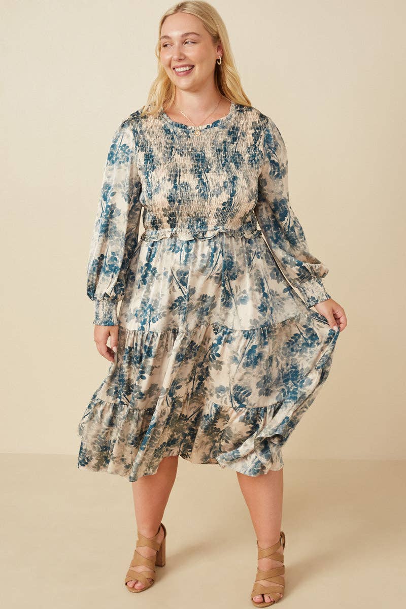 Womens Botanical Print Smocked Bodice Satin Dress