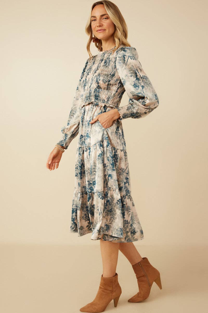 Womens Botanical Print Smocked Bodice Satin Dress