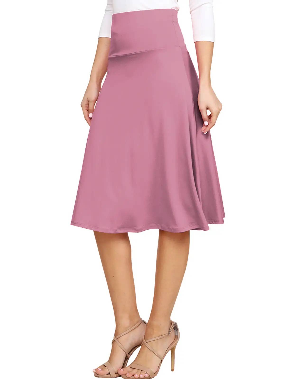 High Waist Stretch Flared Midi Skirt Women_AWBMS204