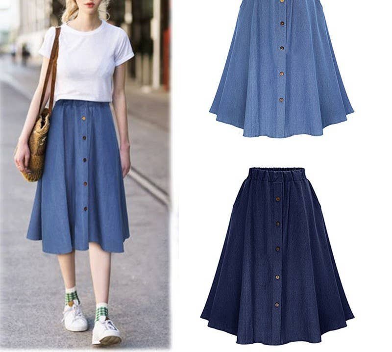 High-waisted Loose Thin Mid-length Denim A-line Skirt