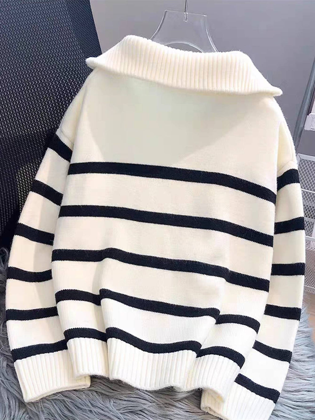 Half zip knit sweatshirt striped sweater