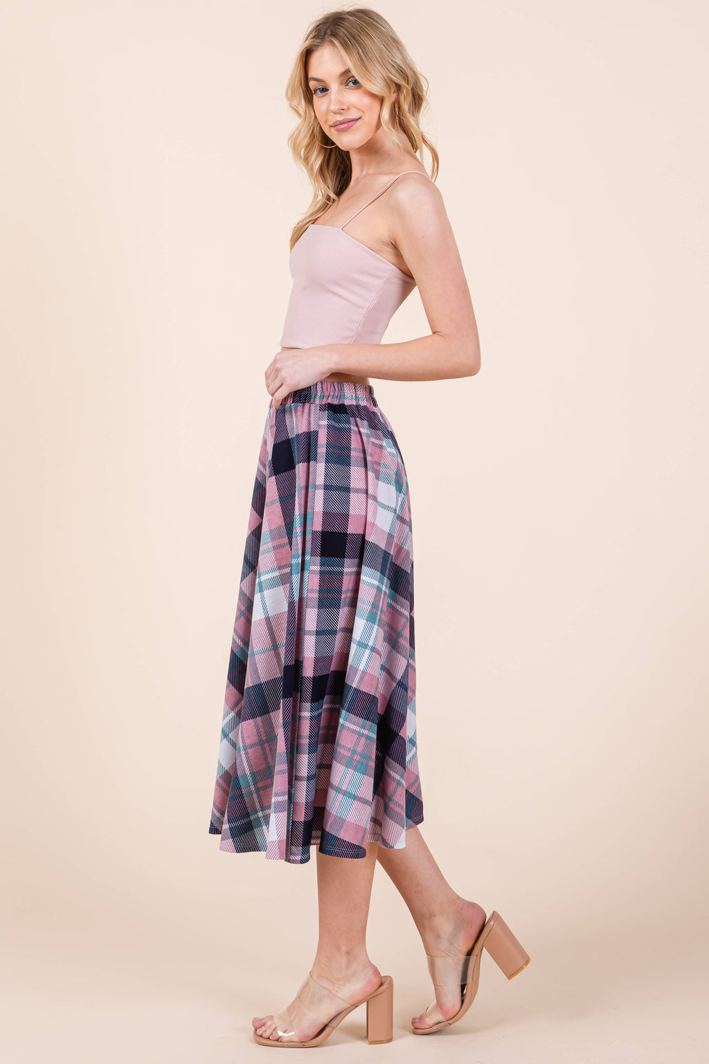 ETS-423AB Plaid T/R Span Midi Skirt