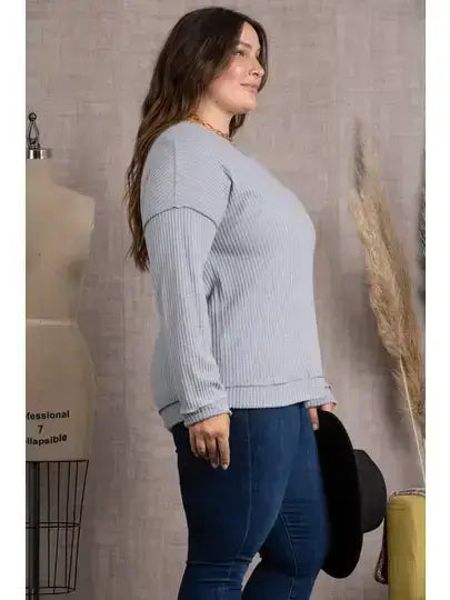 STEEL RIBBED KNIT LONG SLEEVES PLUS SIZE TOP-M5044P