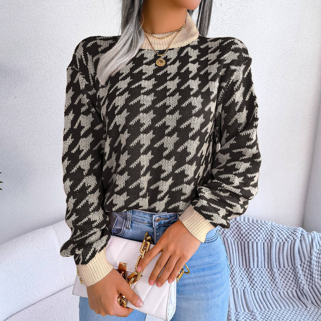 Casual houndstooth pullover knit sweater
