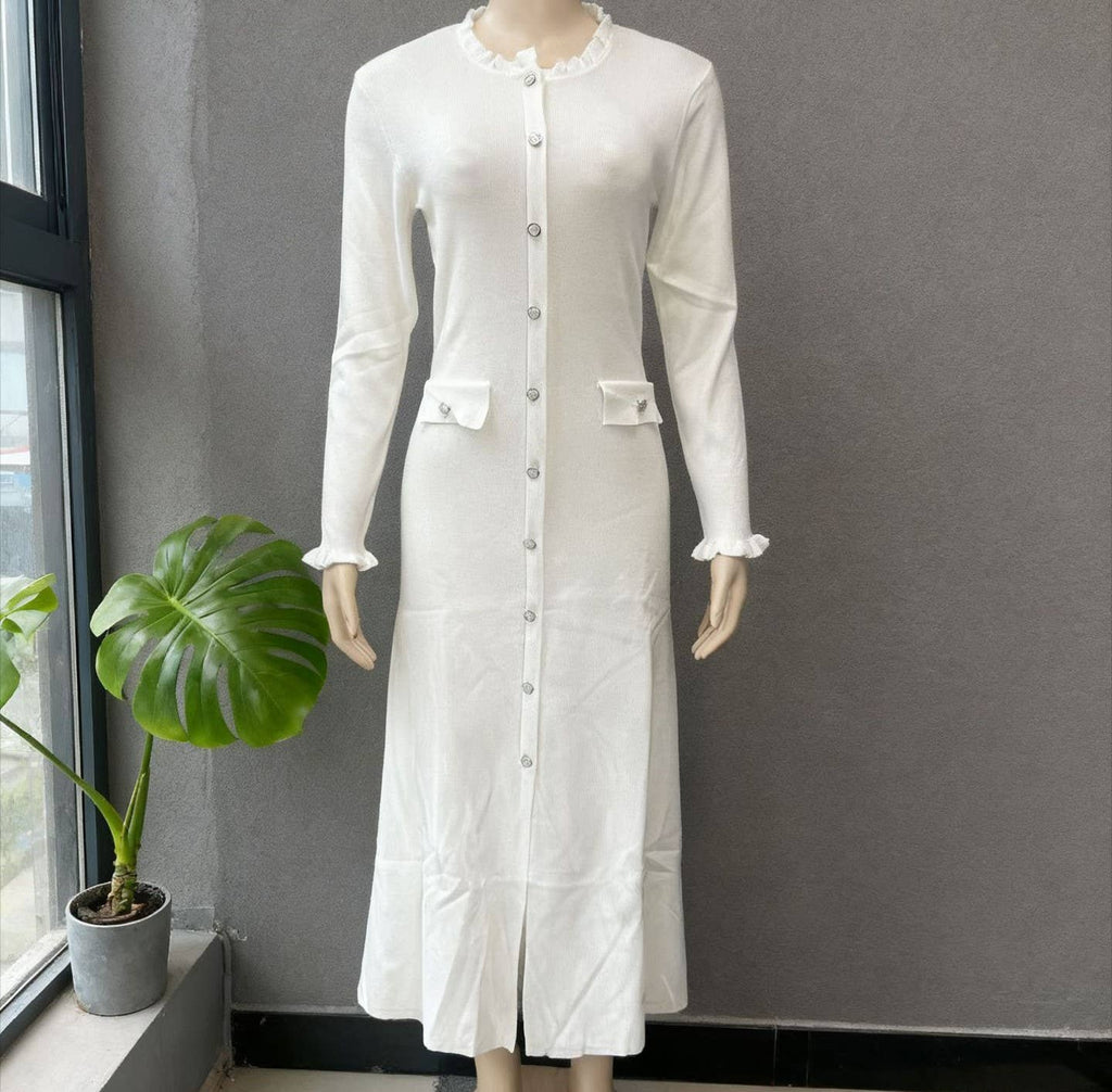 Elegant Color-Block Crew Neck Button Knit Dress