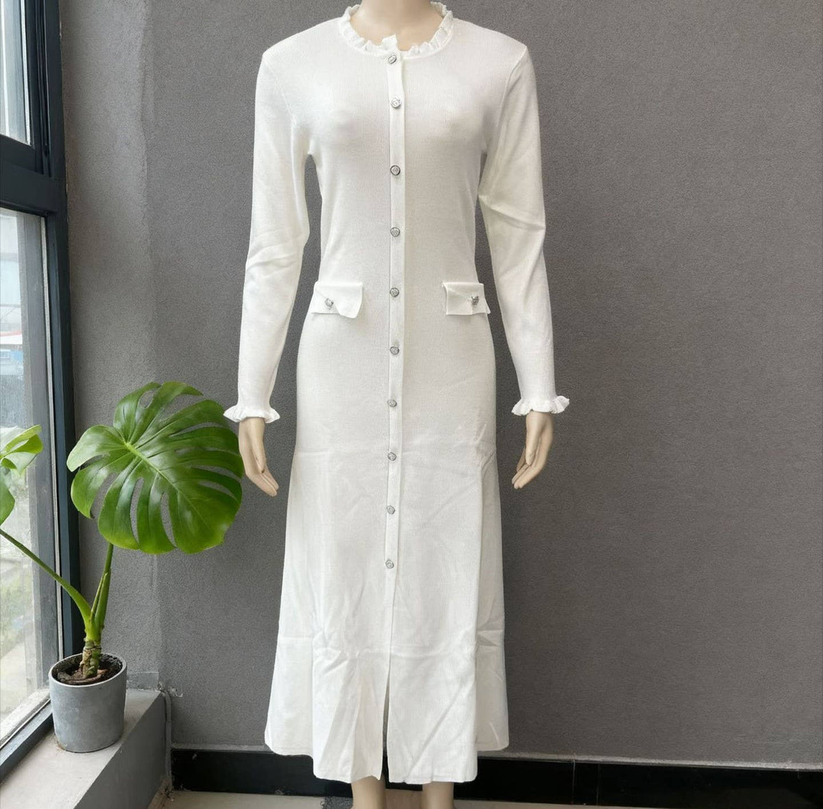 Elegant Color-Block Crew Neck Button Knit Dress