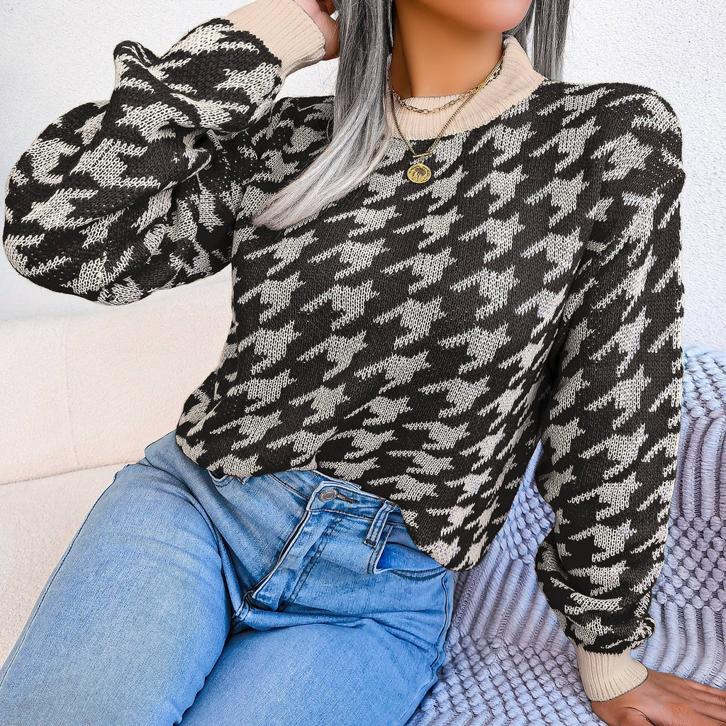 Casual houndstooth pullover knit sweater