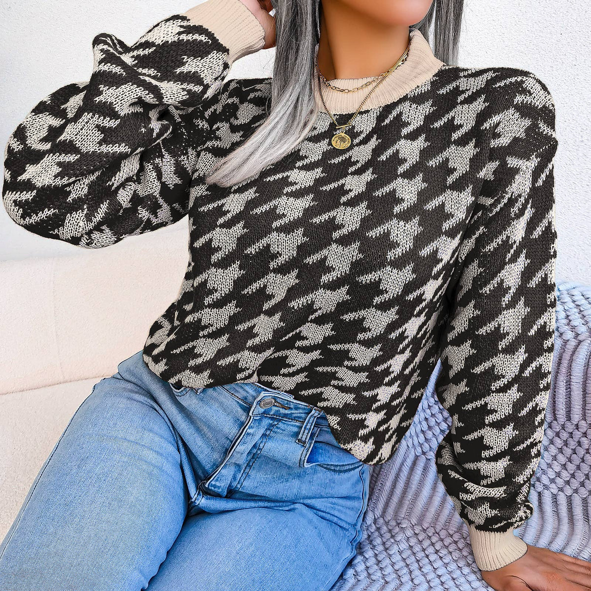 Casual houndstooth pullover knit sweater