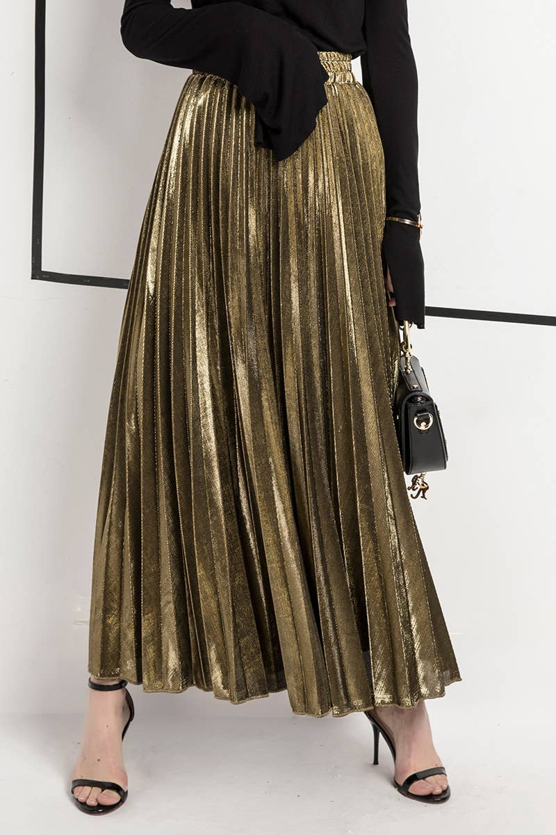 Metallic Elastic waist pleated skirt