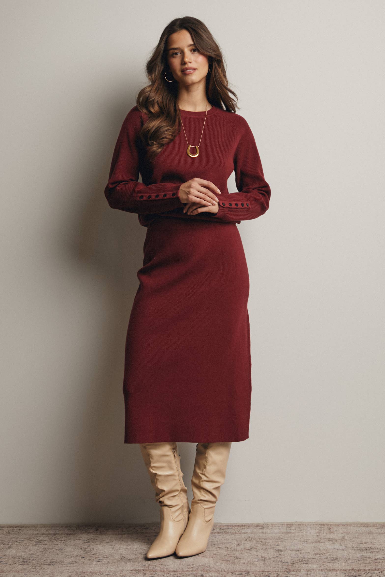 Ribbed Cuff Sweater & Midi Skirt Knit Set FWSET001