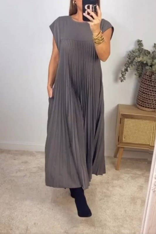 Pleated maxi flare swing dress Loose A-line tee dress