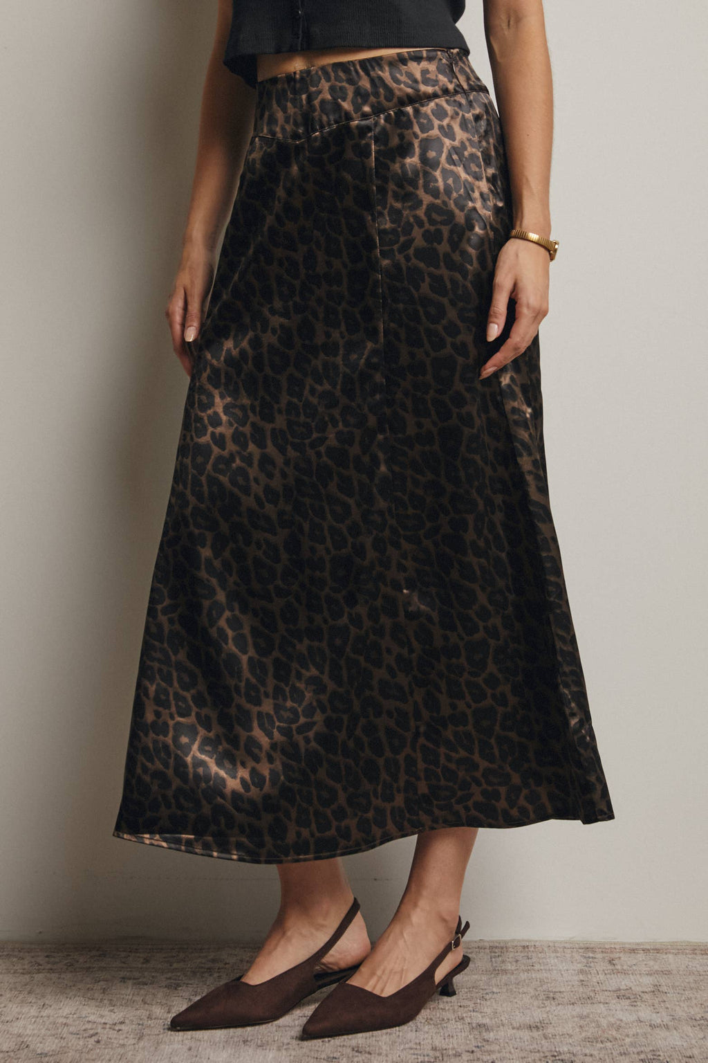 Leopard Print Satin Midi Skirt