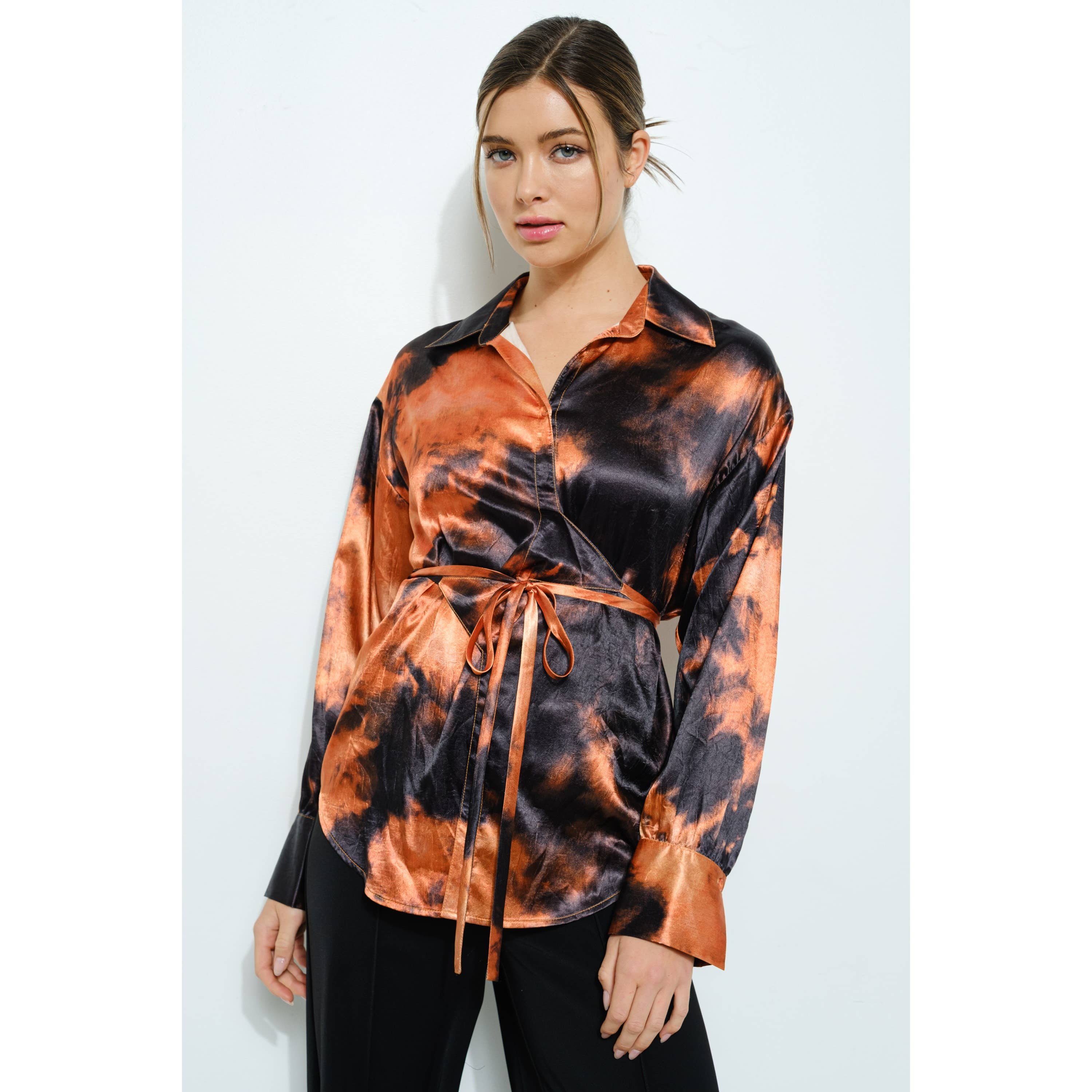 Long Sleeve Tie Dye Print Wrap Detail Blouse Top