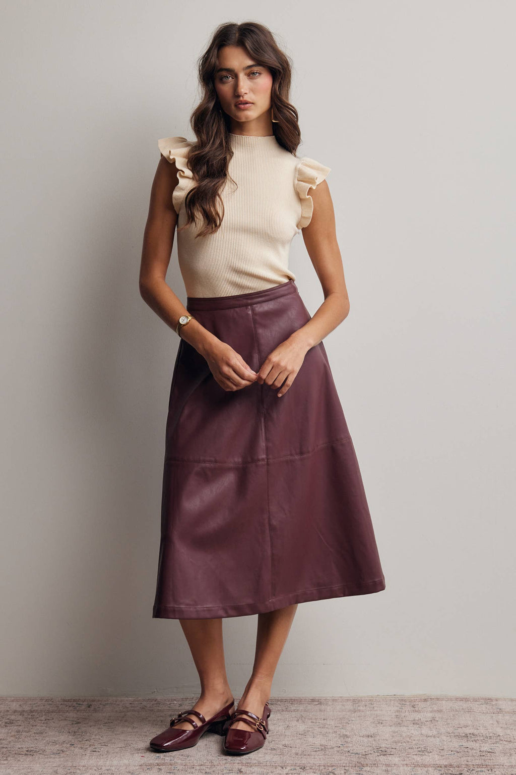 Faux Leather A-Line Midi Skirt FSK0026