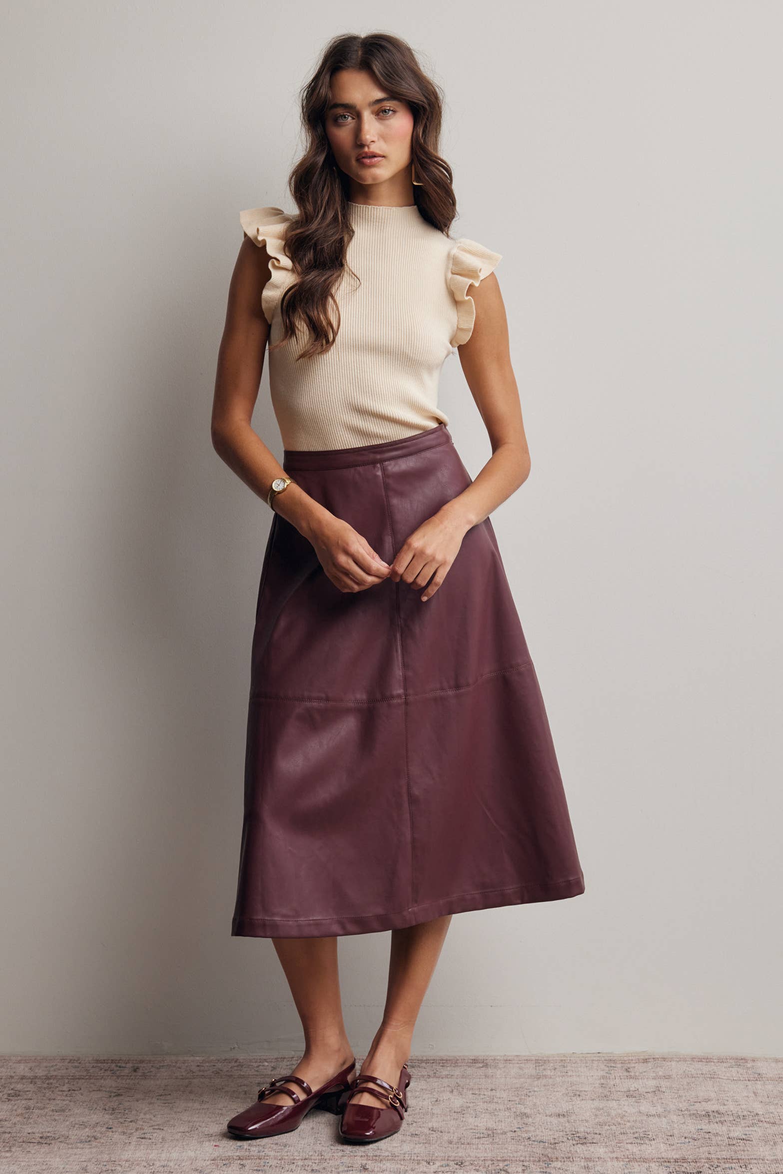 Faux Leather A-Line Midi Skirt FSK0026