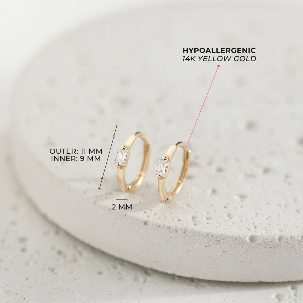 14k Gold Baguette Cut CZ Huggie 9mm Toddler / Kids Earrings