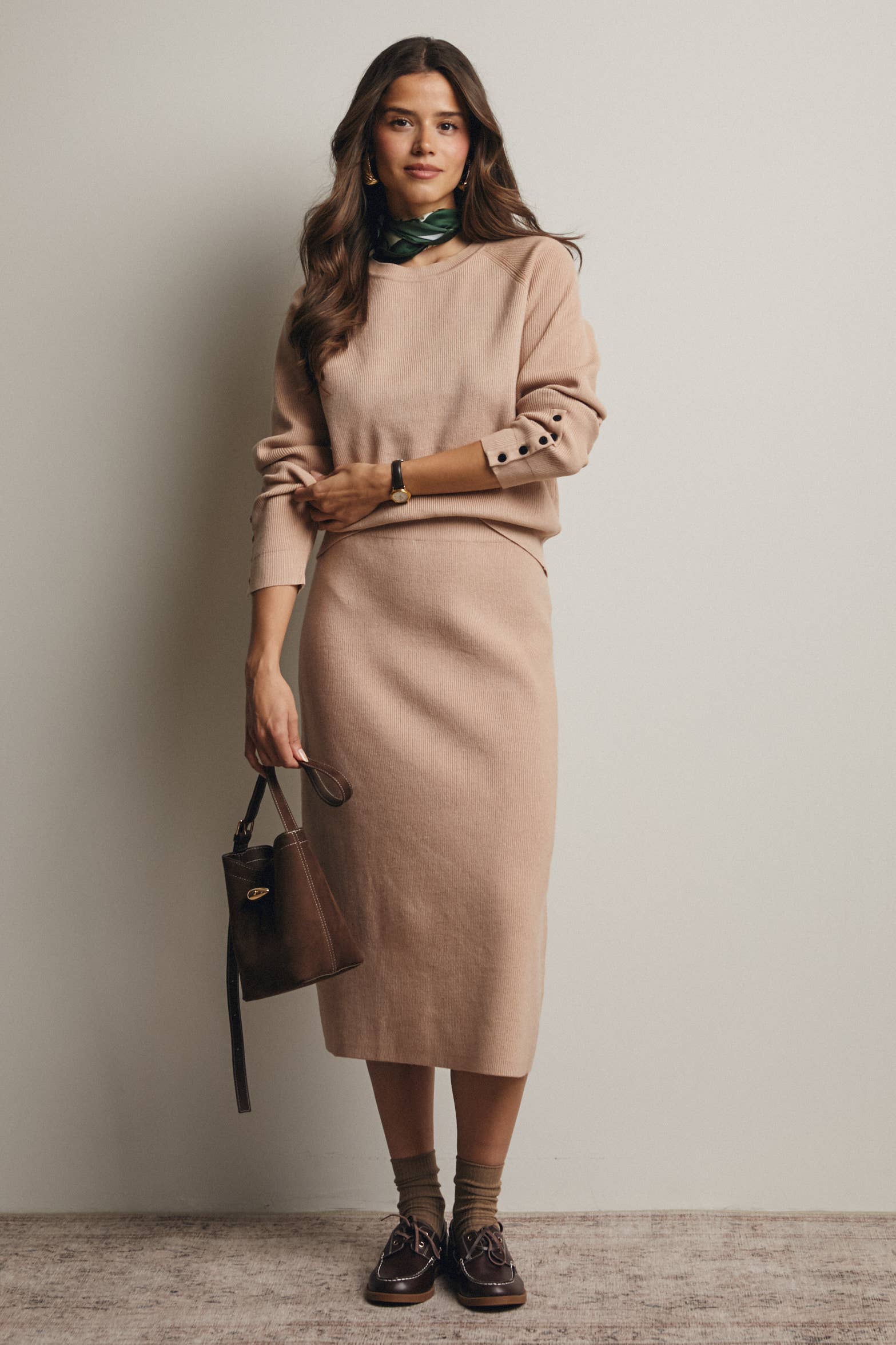 Ribbed Cuff Sweater & Midi Skirt Knit Set FWSET001