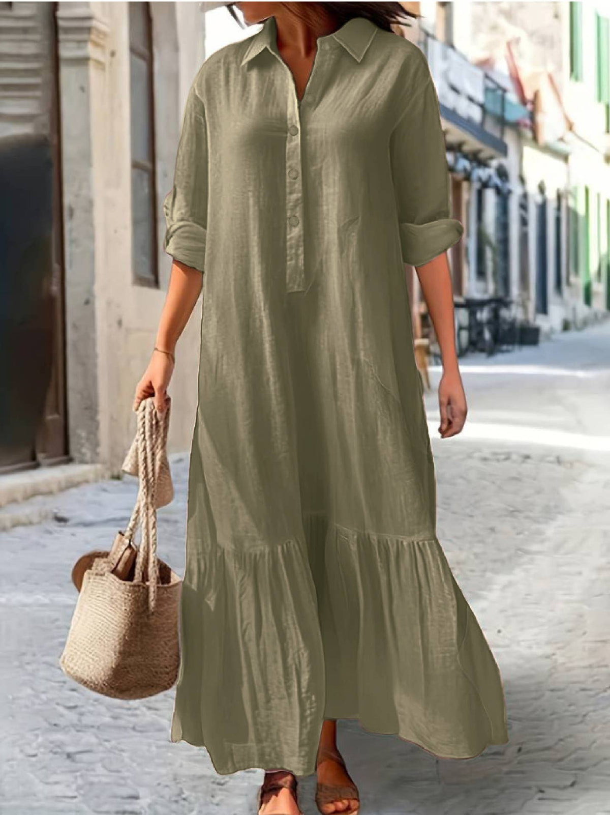 Long-sleeved button loose maxi dress
