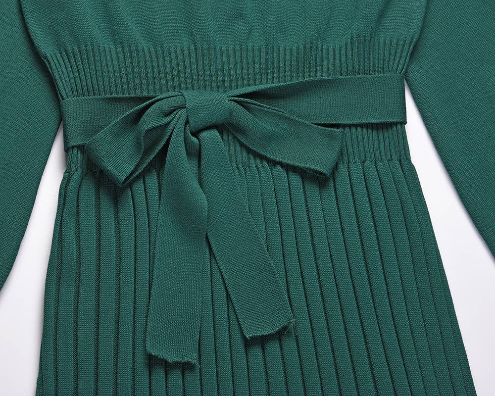 Round-Neck Pleated Midi Sweater Knit Dress