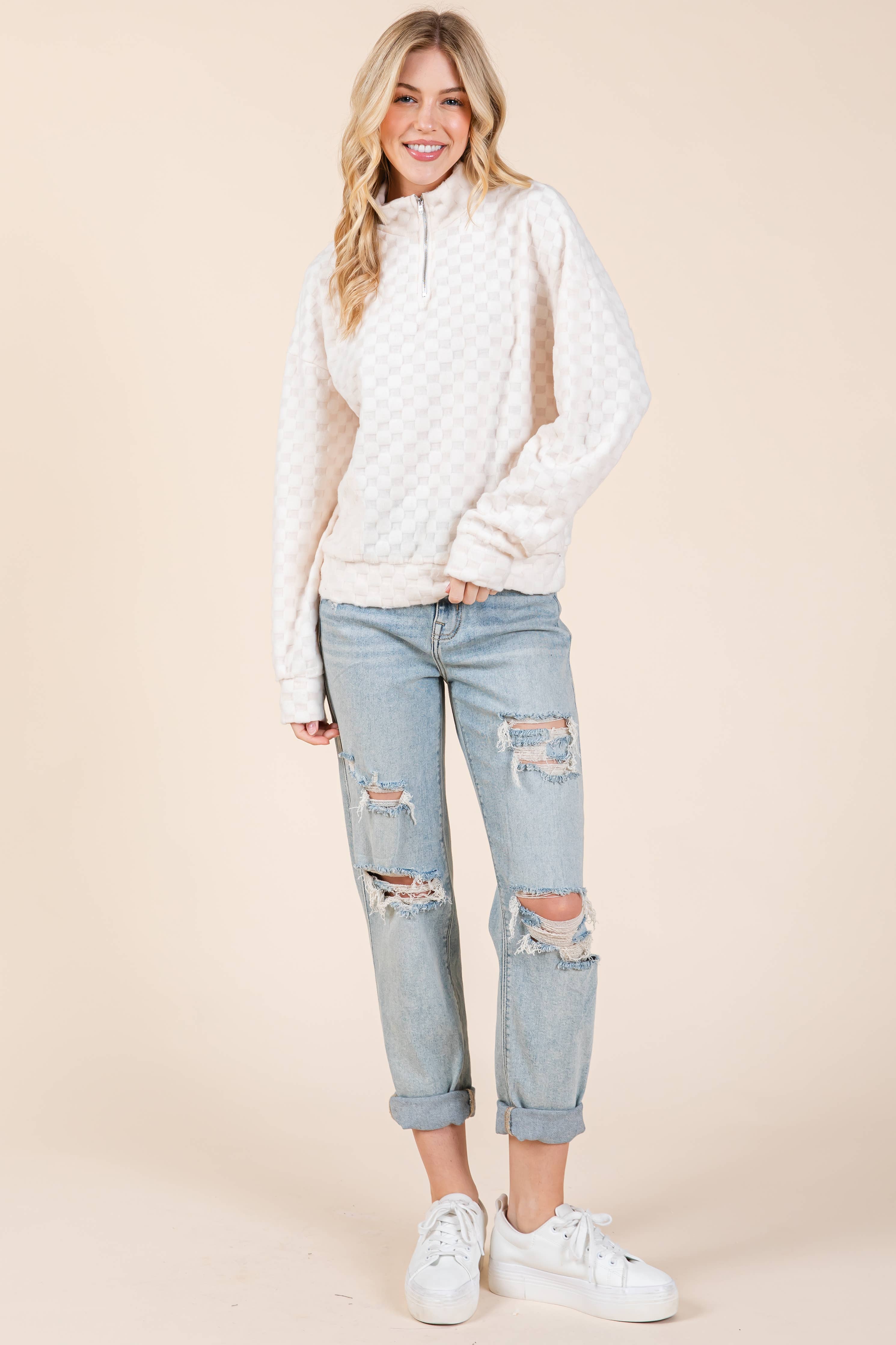 FUZZY CHECKERED 1/4 ZIP TOP