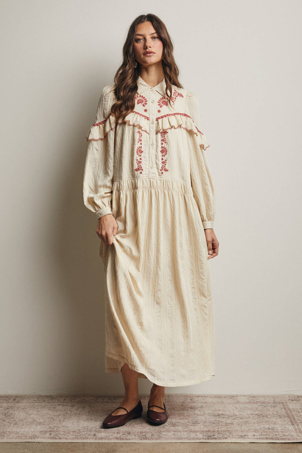 Embroidered Ruffle Trim Maxi Dress FD0018