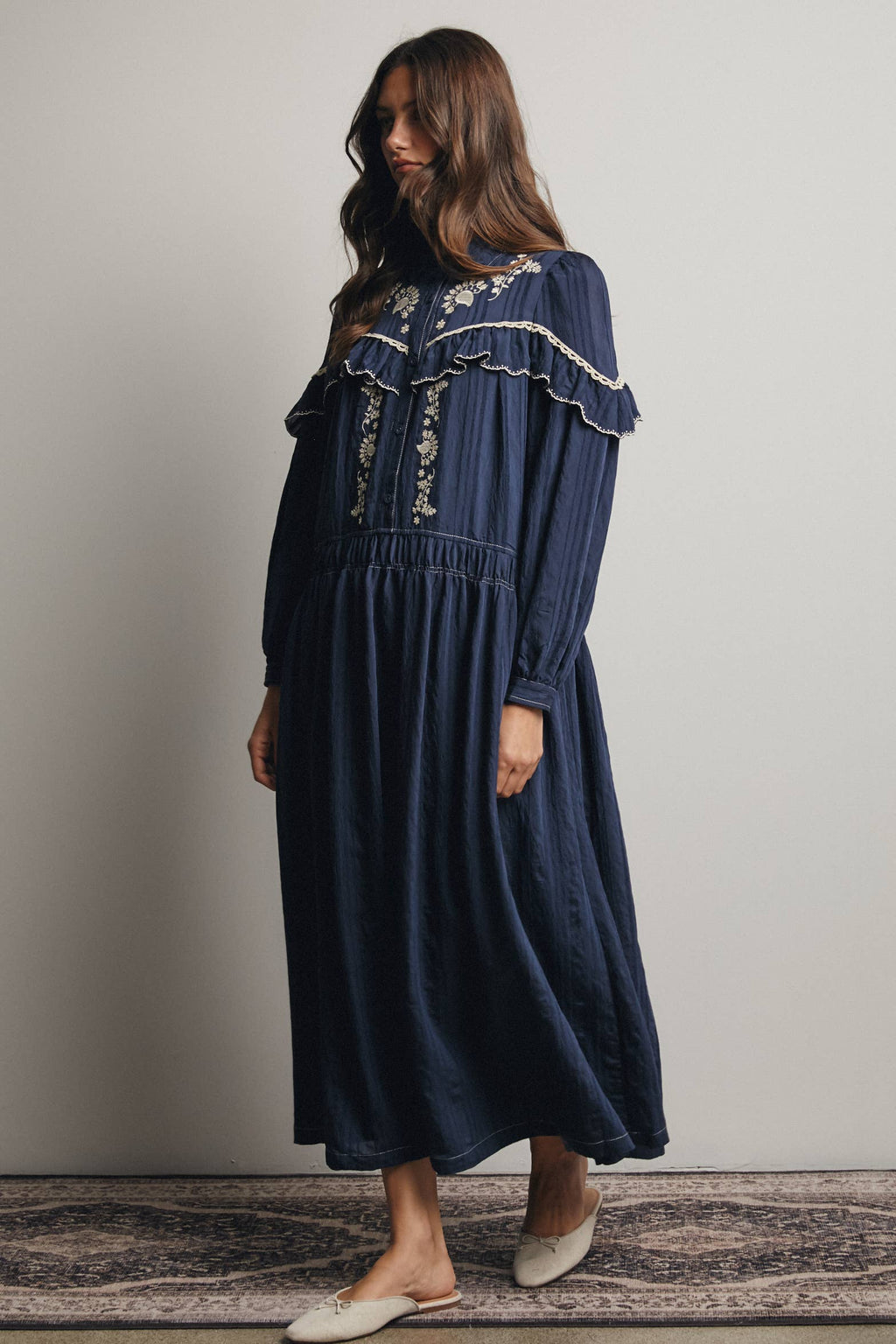 Embroidered Ruffle Trim Maxi Dress FD0018