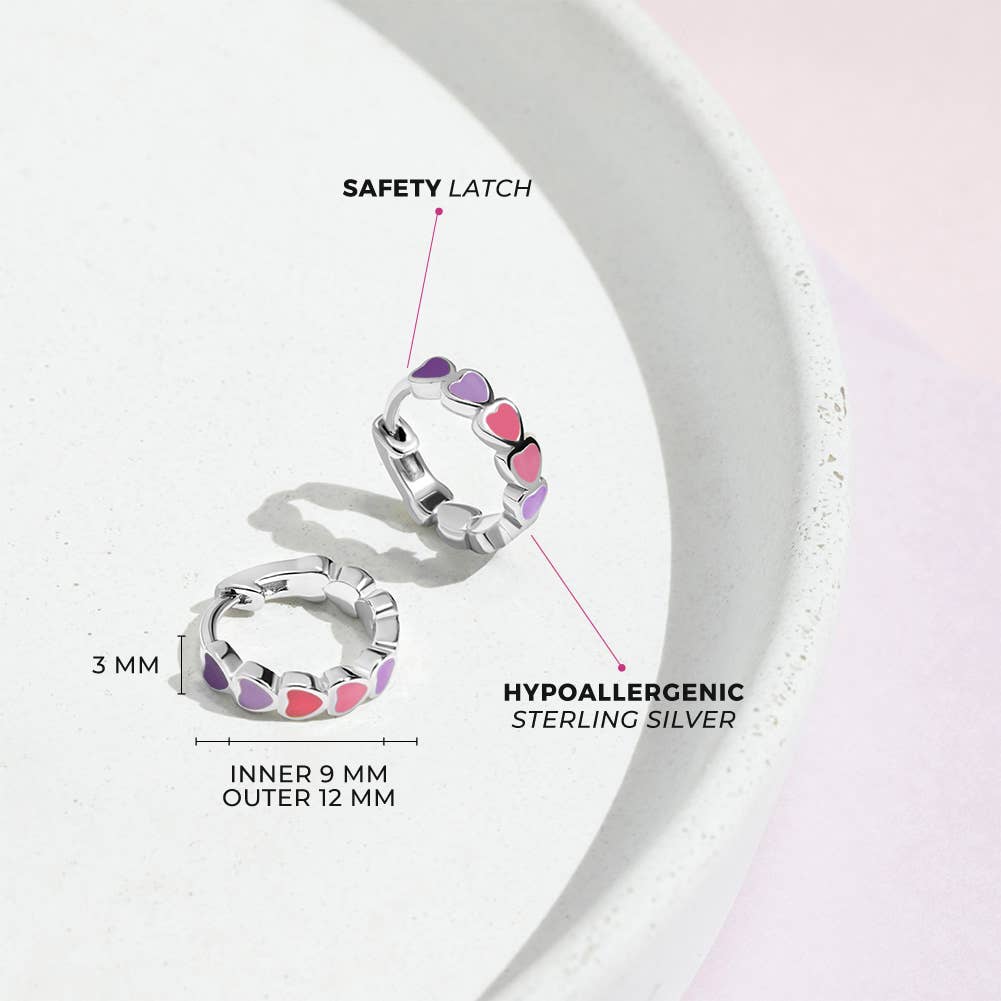 Heart 9mm Baby / Kids Earrings Hoop Enamel - Sterling Silver