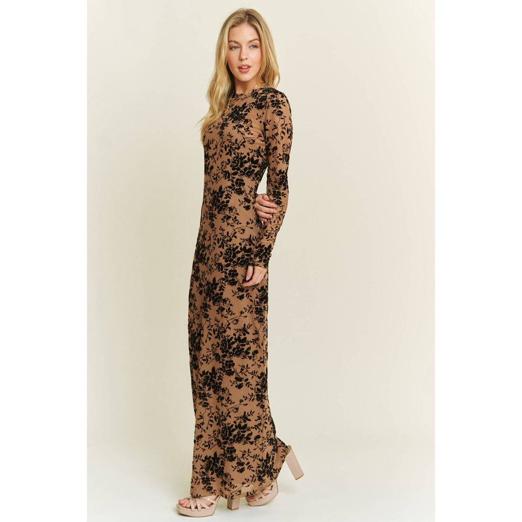VELVET FLOCKING MAXI MESH DRESS WITH LONG SLEEVE