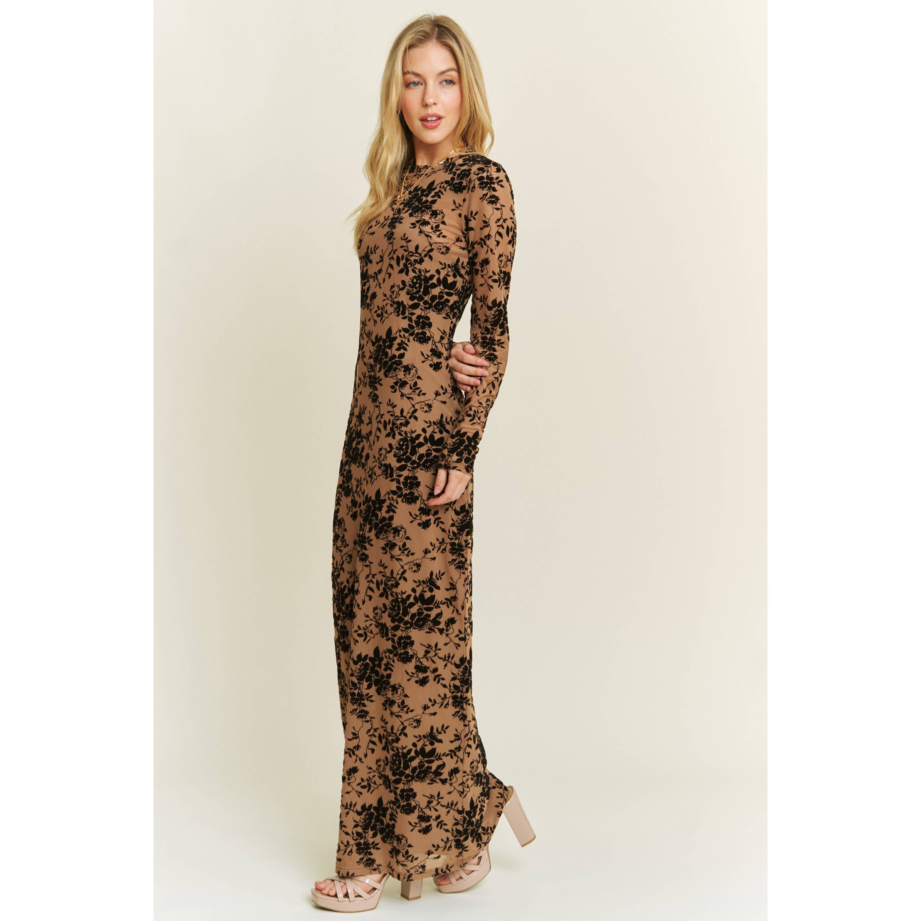 VELVET FLOCKING MAXI MESH DRESS WITH LONG SLEEVE