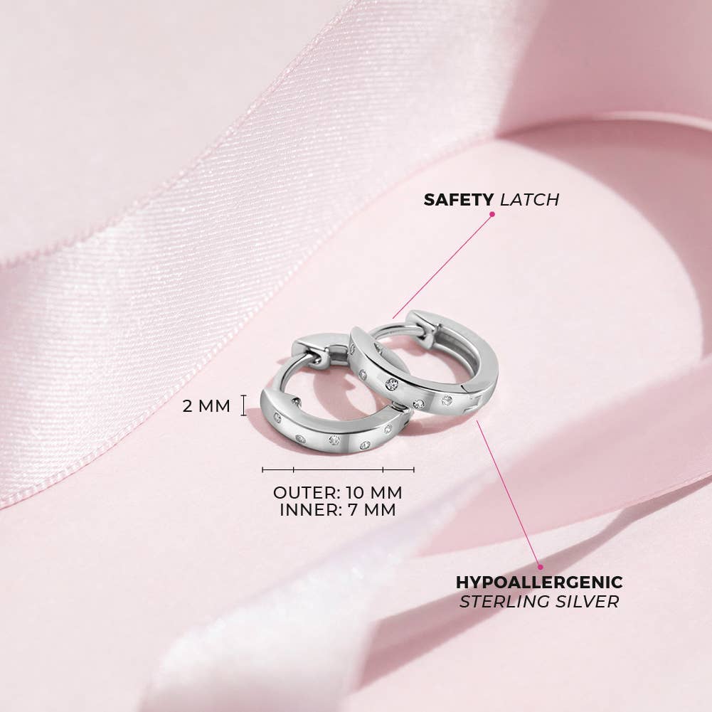 Staggered CZ Gems 9mm Girls Earrings Hoop - Sterling Silver