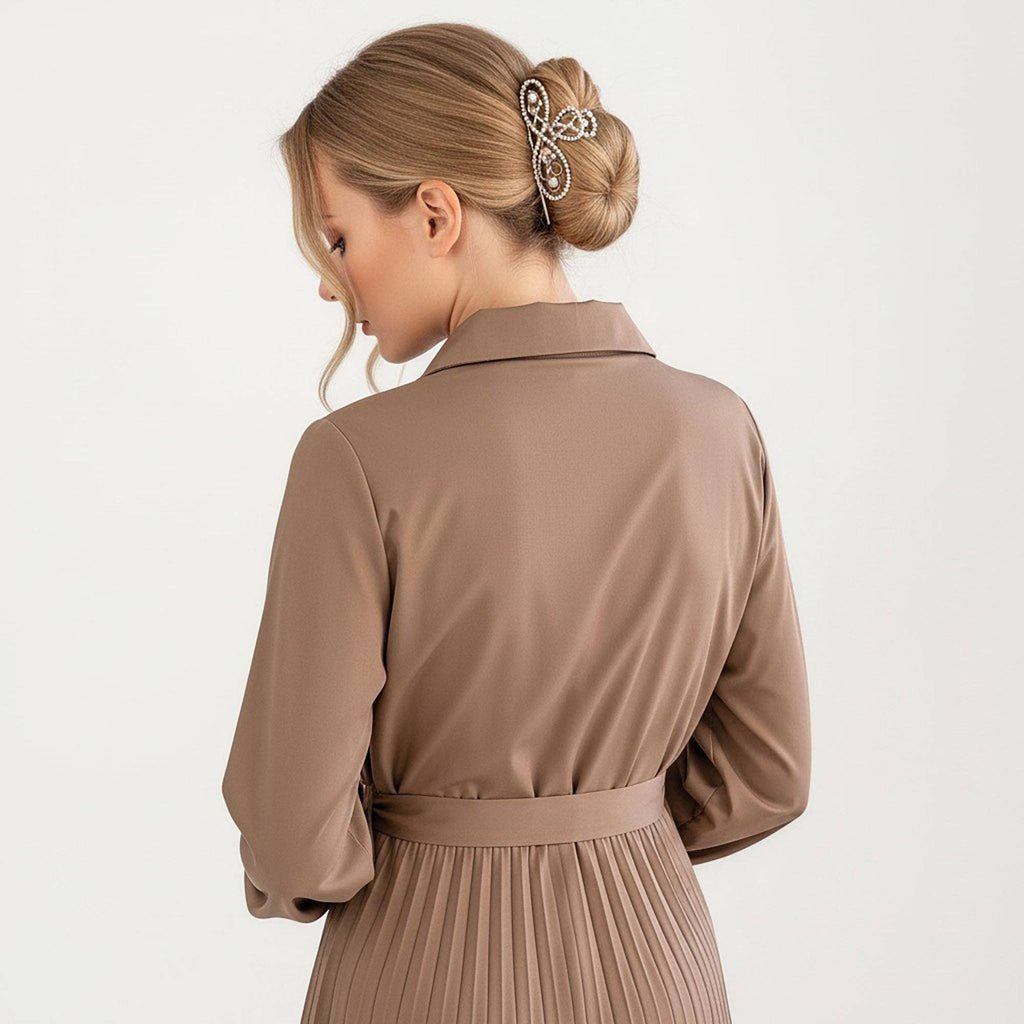 Pleated Midi Dress with Button-Down Front, Long Sleeves, and Waist Tie for a Feminine and Flattering Silhouette