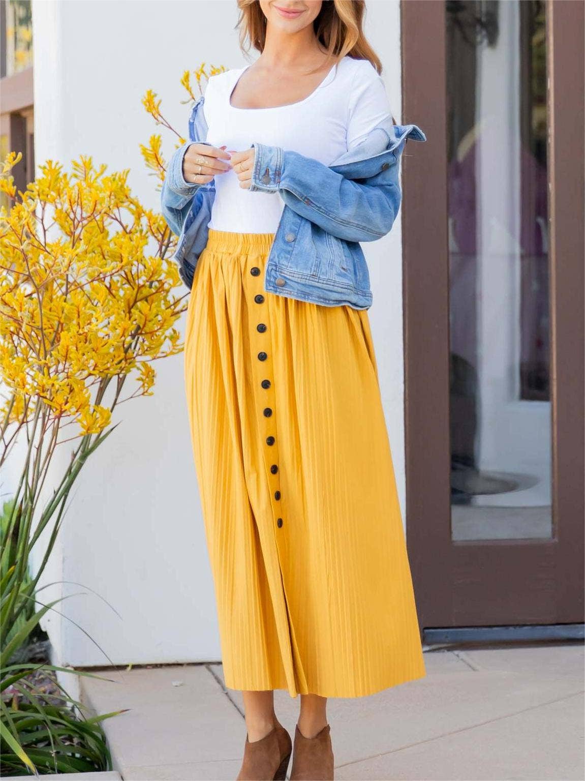 Women's high-waisted solid pleated simple midi A-line skirt