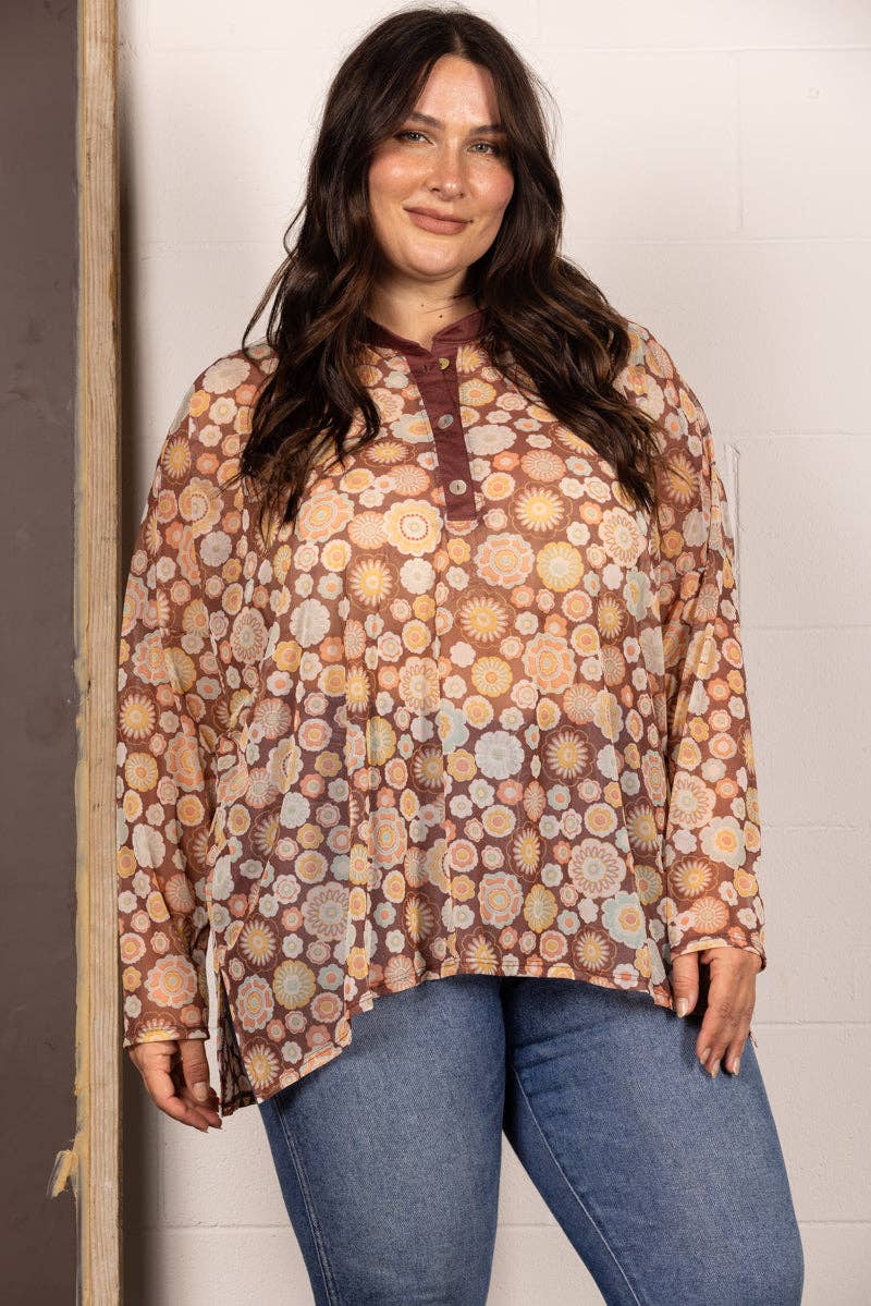 BROWN MANDARIN COLLAR FLORAL PRINT PLUS SIZE TOP T7538