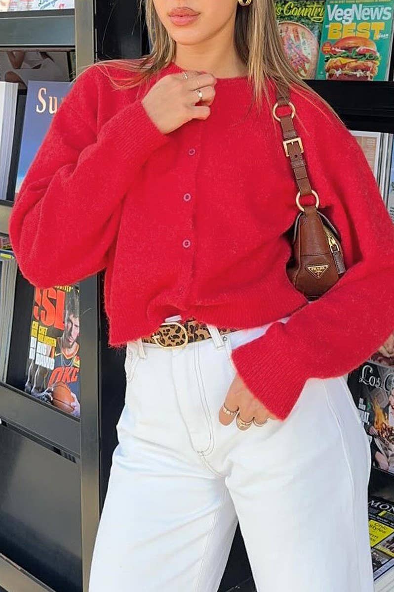 Plain R-neck button down knit cardigan