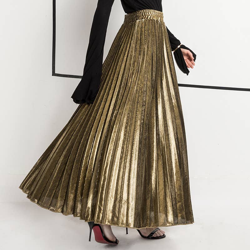 Metallic Elastic waist pleated skirt