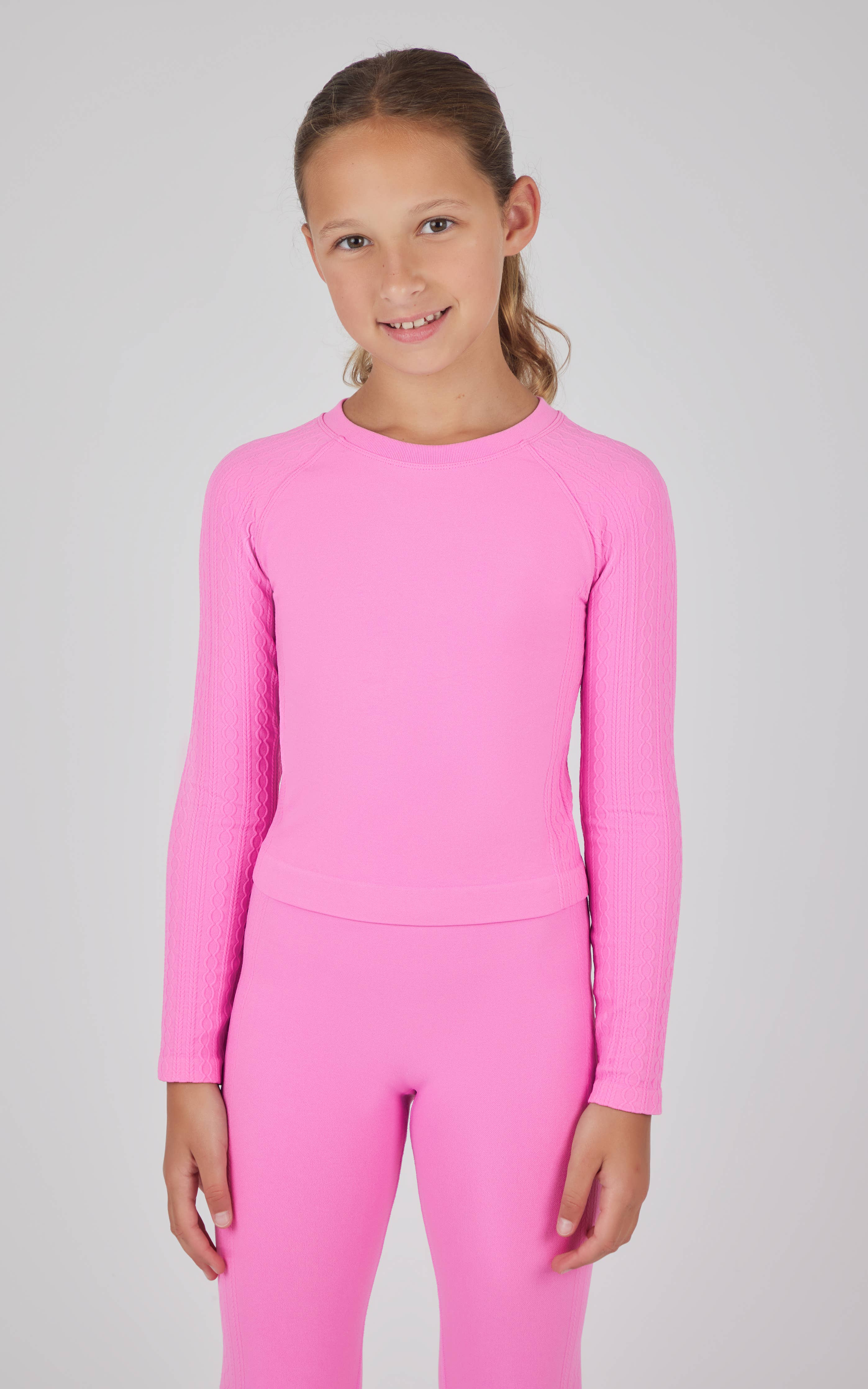 Girls Seamless Cable Textured Crew Neck Top