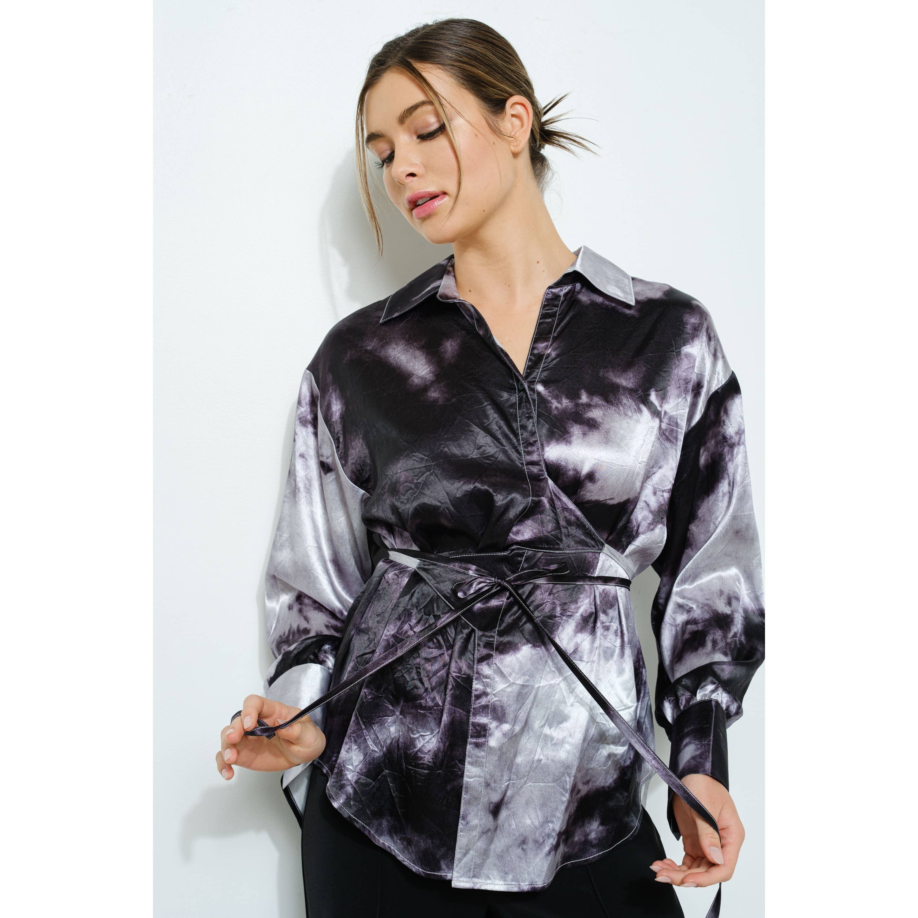 Long Sleeve Tie Dye Print Wrap Detail Blouse Top