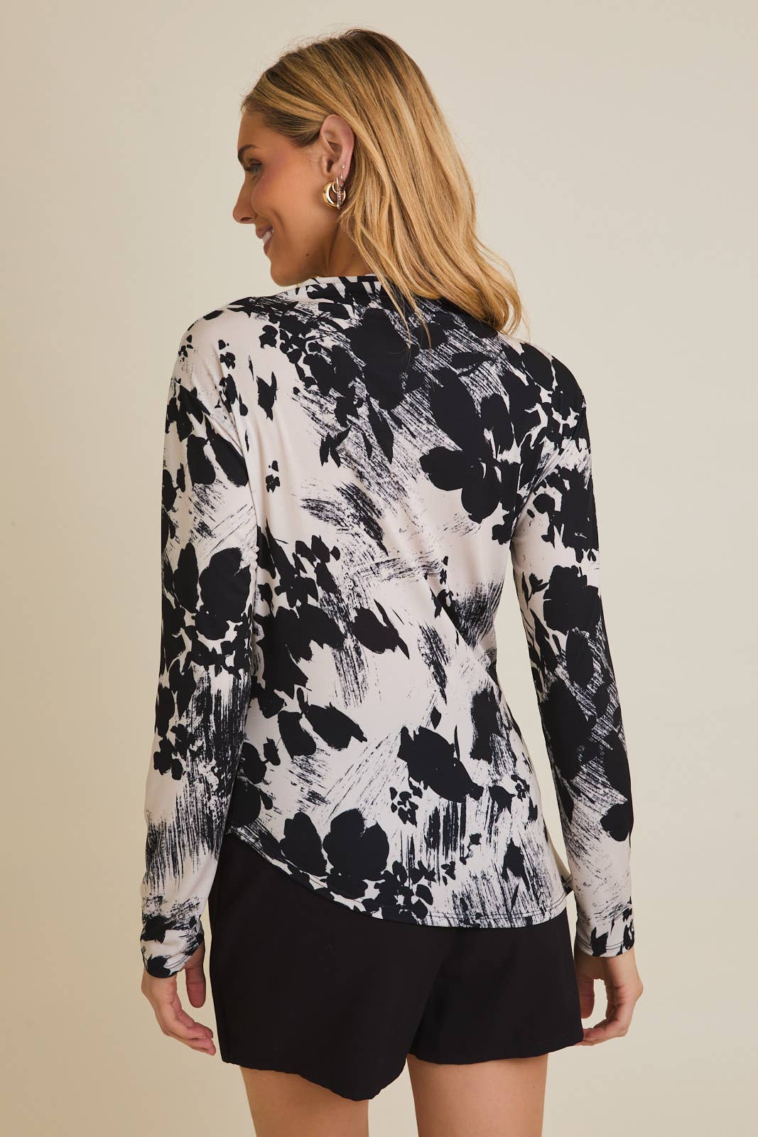 **PLUS** MOCK NECK LONG SLEEVE SHIRRING DETAIL FLORAL TOP